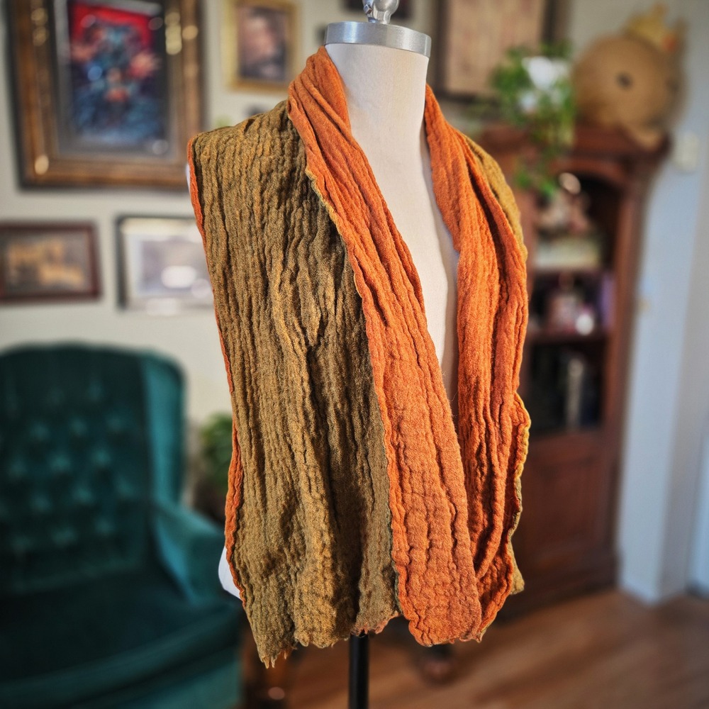 Scarf Crinkle Textured Orange Olive Green Earthy Boho Fall Wrap 14x52